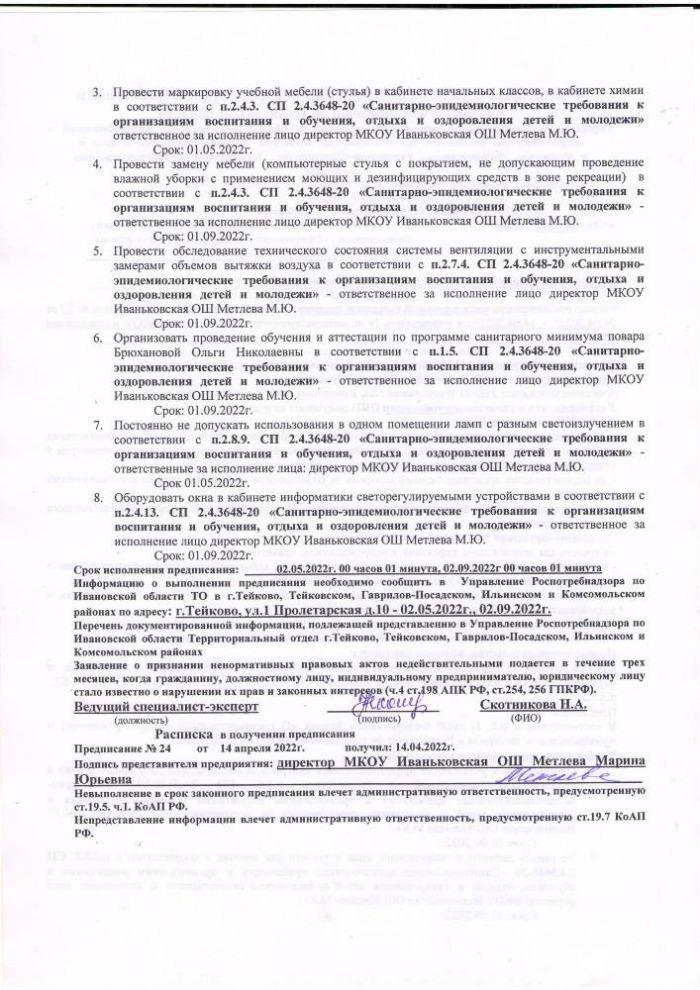 Предписание Роспотребнадзора № 24 от 14 апреля 2022 года Об устранении выявленных нарушений